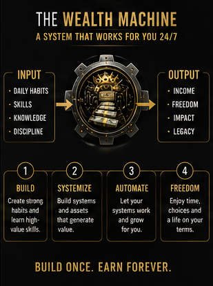 Wealth Machine concept diagram passive income systems financial independence blueprint from The Wealth Machine book by Carlos D Andre HWHBEYOND